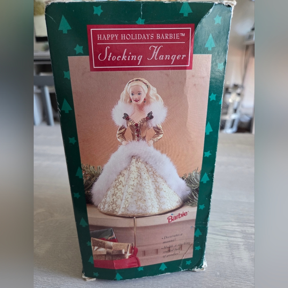 Hallmark Happy Holidays Barbie Gold and White Stocking Hanger